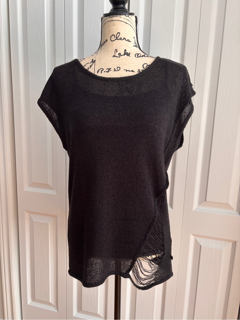 William Rast Black Distressed Knit Top